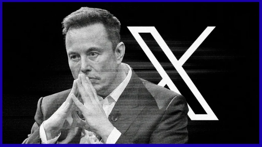Elon Musk deep in thought with X logo in background representing Elon Musk net worth and business ventures