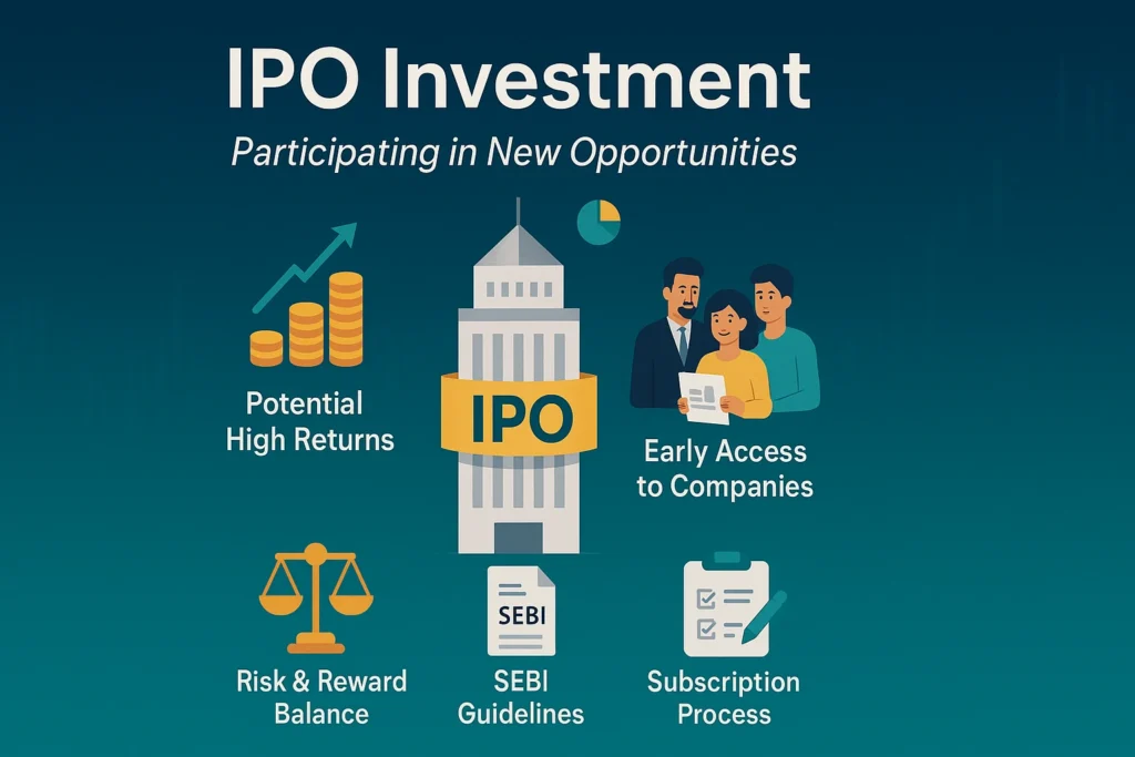 Infographic on IPO investment showing potential high returns, early access to companies, risk-reward balance, SEBI guidelines, and subscription process with modern flat illustrations.