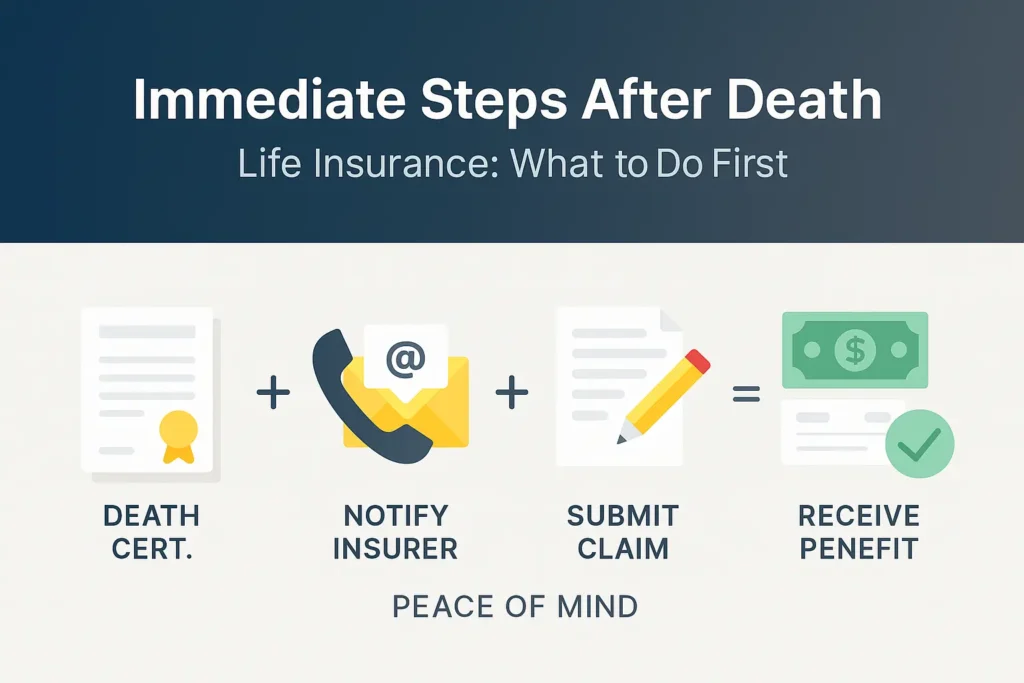 What is life insurance: immediate steps after death including death certificate, notifying insurer, submitting claim, and receiving benefit