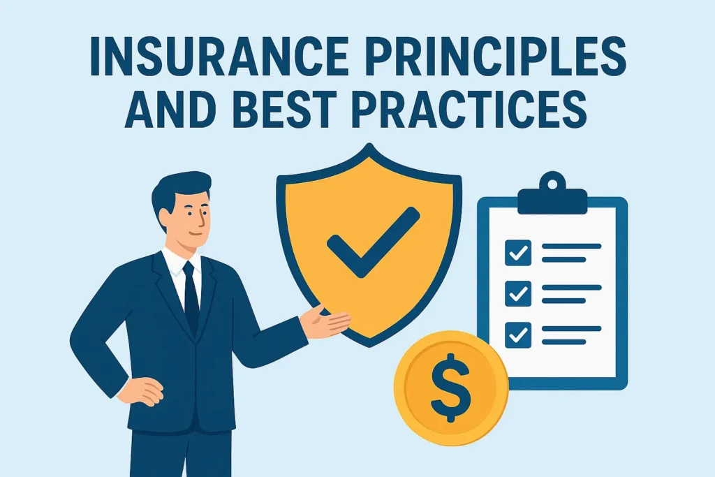 What is insurance concept illustration showing principles and best practices with businessman, shield icon, checklist, and dollar coin