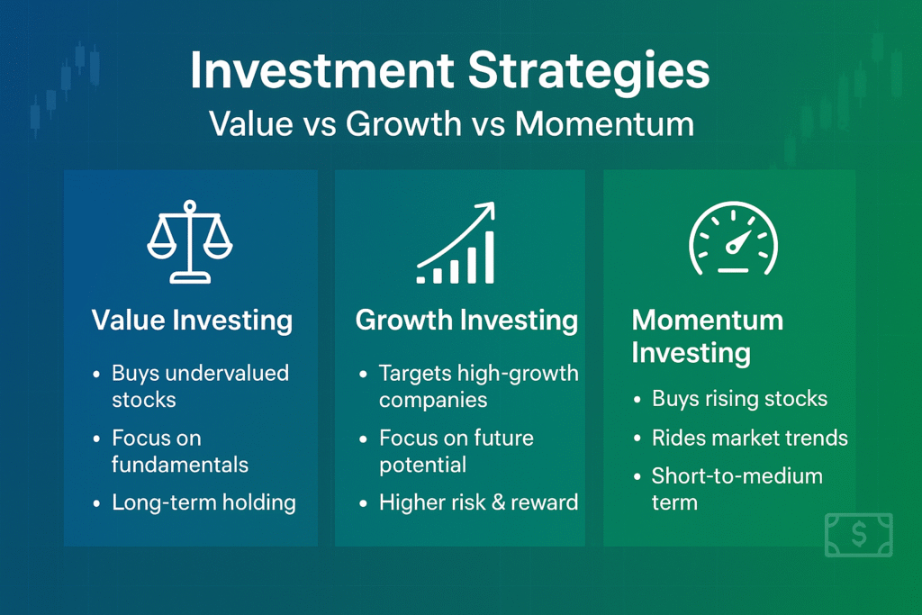 Infographic explaining what is share market with a comparison of Value Investing, Growth Investing, and Momentum Investing using icons, bullet points, and a gradient blue-to-green background.